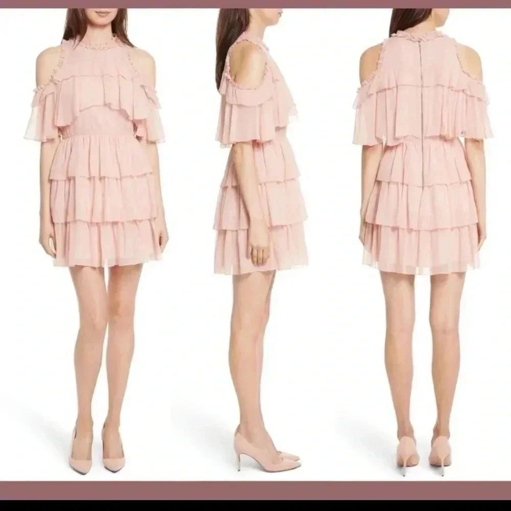 Alice + Olivia Nichola Cold Shoulder Ruffle Silk Party Dress in Blush(2)